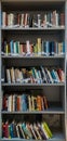 Image of shelf used as a small bookcase with various books put in order