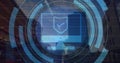 Image of shield, desktop icon, binary codes, computer language over modern buildings Royalty Free Stock Photo