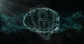 Image of shield with padlock icon over digital brain on black background Royalty Free Stock Photo