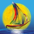 Image of ship with sails on the blue waves and sun