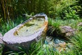 Shishi odoshi on stone canoe with colorful stone cobblestone path in Japanese Tea Garden