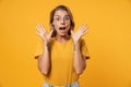 Image of shocked woman in eyeglasses expressing surprise on camera