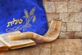 Image of shofar (horn) and prayer case with word talit (prayer) writen on it. room for text. rosh hashanah (jewish holiday)