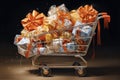 An image of a shopping cart brimming with an abundance of beautifully wrapped gifts, ready to be shared and enjoyed, Overflowing