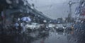 Image shot through raindrops falling on wet glass, abstract blurs of traffic - monsoon stock image of Kolkata formerly Calcutta