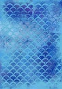 Hand-painted watercolour Abstract Paint Splashes in Blue on Embossed Paper with Scallop Mermaid Scale Pattern Royalty Free Stock Photo