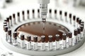 Automated laboratory equipment performing blood sample analysis on vials Royalty Free Stock Photo