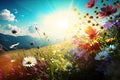 A Beautiful, Colorful Flower Field Meadow on a Bright Summer Day in Nature - Generative AI