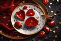 Golden and Red hearts on a beautiful white plate