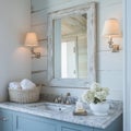 Serene Coastal Bathroom Design with Whitewashed Mirror and Granite Vanity Royalty Free Stock Photo