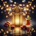 A beautifully illuminated lantern with dates and tea celebrating ramadan nights 2020 Royalty Free Stock Photo