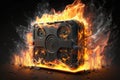Black metal object burning in flames on a black background Royalty Free Stock Photo