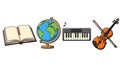 Educational Elements: Book, Globe, Keyboard and Violin Illustrating Diverse Learning Royalty Free Stock Photo