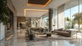 Luxurious Modern Lobby Interior with Marble Floors and Sophisticated Design Elements Royalty Free Stock Photo