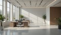 A spacious modern office environment bathed in natural light with minimalist wooden desks and biophilic design Royalty Free Stock Photo