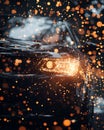 Dynamic industrial chrome particles effect enhancing automotive advertising visuals at night