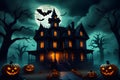 Captivating Halloween house scene under the luminous glow of a full moon. Royalty Free Stock Photo