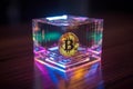 Ai Generative Cryptocurrency golden bitcoin coin in a transparent cube on a dark background