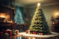 image showcases a Christmas tree, emanating an aura of festive grandeur in a living room Royalty Free Stock Photo