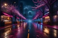 image showcases a city roadside that has been completely transformed by the presence of stunning neon lights.