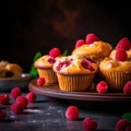 raspberry muffins with fresh raspberries on a table close up dark background ai generated Royalty Free Stock Photo