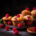 raspberry muffins with fresh raspberries on a table close up dark background ai generated Royalty Free Stock Photo