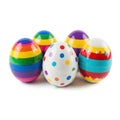 Colorful and playful set of five decorative eggs with vibrant patterns Royalty Free Stock Photo