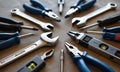 arrangement of various hand tools including wrenches, screwdrivers, pliers, and a level, set against a neutral background, creatin Royalty Free Stock Photo