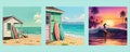 Vibrant beach scenes collection surf shacks and sunset surfing adventures Royalty Free Stock Photo