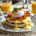 Gourmet Eggs Benedict with Bacon and Fresh Orange Juice breakfast brunch Royalty Free Stock Photo