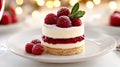 Elegant raspberry mousse cake with fresh berries and mint garnish on a white plate, AI Royalty Free Stock Photo