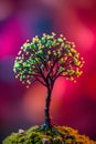 Wire Tree Sculpture on Moss Hill, Vibrant Neon Background - Nature Inspired Decor Royalty Free Stock Photo