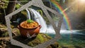 Rice Dish with Natural Waterfall Setting and Rainbow Reflections Creates Serene Moment Royalty Free Stock Photo