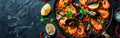 Spanish Seafood Paella: A Delicious Traditional Dish on a Dark Background