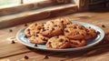 Delicious Chocolate Chip Cookies on Rustic Wooden Table in Cozy Kitchen Ambience