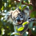The image showcases a delightful koala nestled among the branches of a tree.