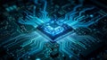 A detailed close-up of a glowing blue circuit board with a central processor Royalty Free Stock Photo
