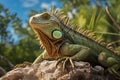 This image showcases a detailed view of a lizard basking on a rock in its natural habitat, An iguana basking in the sun on a rocky Royalty Free Stock Photo