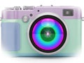 A vibrant and stylish digital camera with a pastel purple and mint green body highlighting its lens flare effect Royalty Free Stock Photo