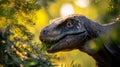 A detailed close-up of a dinosaur peeking through lush greenery. The vibrant lighting creates a captivating atmosphere Royalty Free Stock Photo