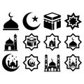 Collection of elegant Islamic and Middle Eastern architectural symbols featuring mosques domes crescents stars and Kaaba designs Royalty Free Stock Photo