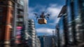 A drone flies high in the bustling city, delivering a package. The scene captures urban life with modern technology in action. A Royalty Free Stock Photo