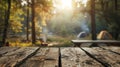 Rustic Camping Vibes: Wooden Table on Blurred Campsite Backdrop