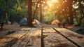 Rustic Camping Vibes: Wooden Table on Blurred Campsite Backdrop