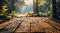 Rustic Camping Vibes: Wooden Table on Blurred Campsite Backdrop