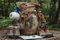 Essential Hiking Gear with Backpack and Boots in Scenic Forest Setting Royalty Free Stock Photo
