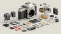 Exploded View of Vintage Camera with Internal Components and Parts Royalty Free Stock Photo