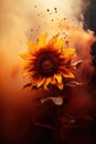 yellow sunflower. smoke, ashes, fire, flames, embers, powder, explosion, mist, fog, fantasy, surreal, abstract. Royalty Free Stock Photo