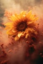 closeup of a sunflower. smoke, ashes, fire, flames, embers, powder, explosion, mist, fog, fantasy, surreal, abstract. Royalty Free Stock Photo