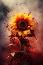 surreal sunflower. smoke, ashes, fire, flames, embers, powder, explosion, mist, fog, fantasy, surreal, abstract. Royalty Free Stock Photo